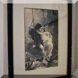 A13. Framed dry point of a girl on a swing by George Barrie. 15”h x 11”w - $44 